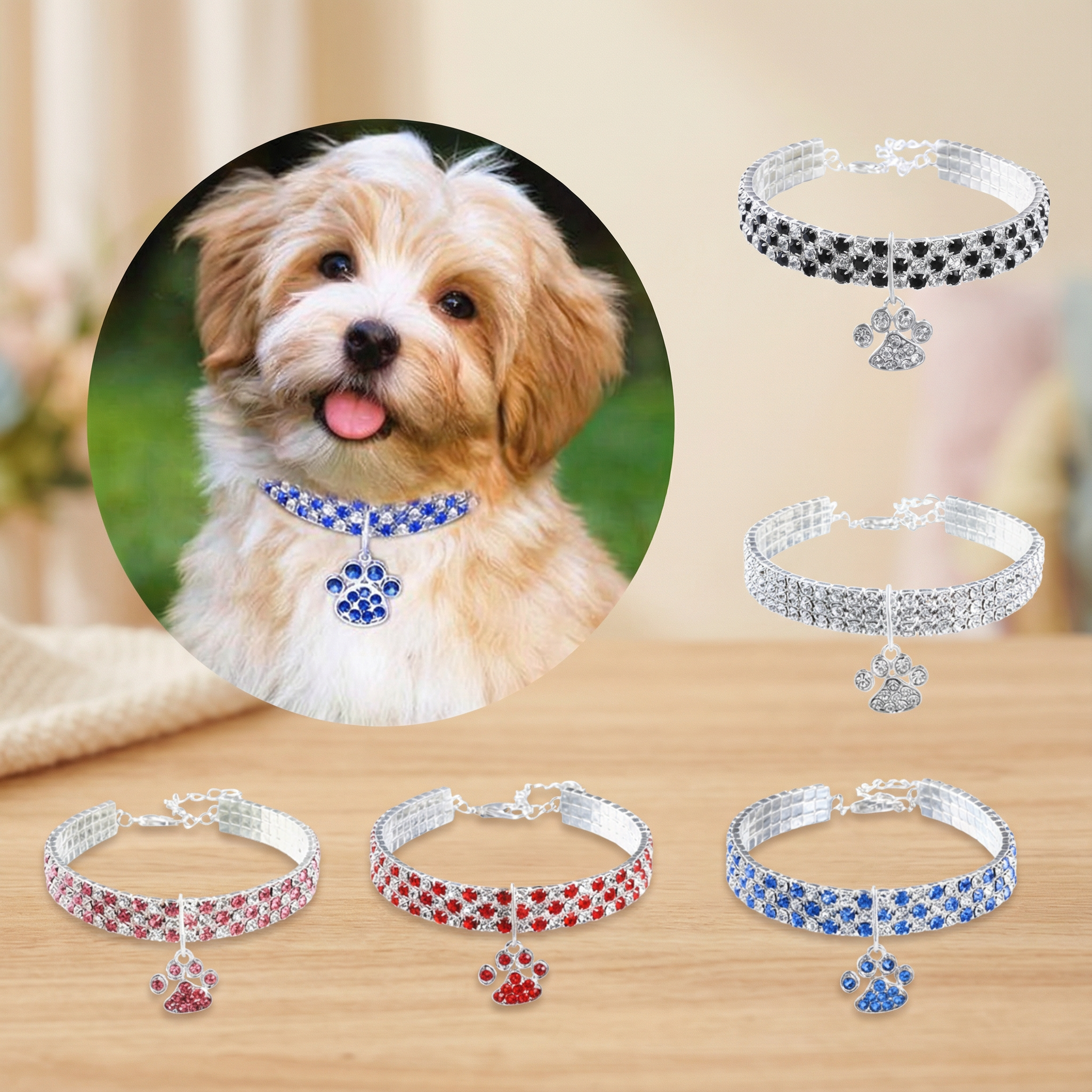 Rhinestone Paw Charm Pet Collar